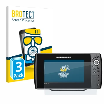 Front side of a product packaging with the brand logo BROTECT. Next to it is the device Humminbird Helix 9 G2N shown with the 