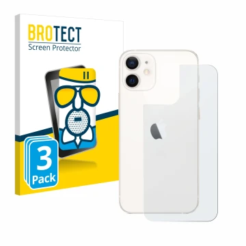 Front side of a product packaging with the brand logo BROTECT. Next to it is the device Apple iPhone 12 mini (Back) shown with