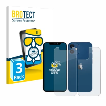 Front side of a product packaging with the brand logo BROTECT. Next to it is the device Apple iPhone 12 mini (Front+Back) show