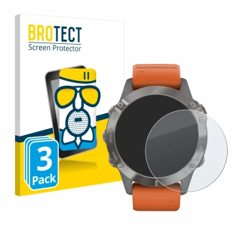 Front side of a product packaging with the brand logo BROTECT. Next to it is the device Garmin Fenix 6 Pro Solar shown with th