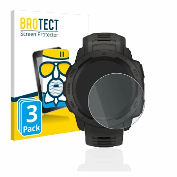 Front side of a product packaging with the brand logo BROTECT. Next to it is the device Garmin Instinct Solar shown with the c