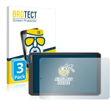 Front side of a product packaging with the brand logo BROTECT. Next to it is the device Garmin Camper 890 shown with the corre
