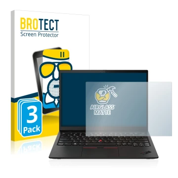 Front side of a product packaging with the brand logo BROTECT. Next to it is the device Lenovo ThinkPad X1 Nano shown with the