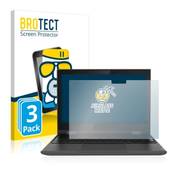 Front side of a product packaging with the brand logo BROTECT. Next to it is the device Lenovo 300e (2nd Gen.) shown with the 