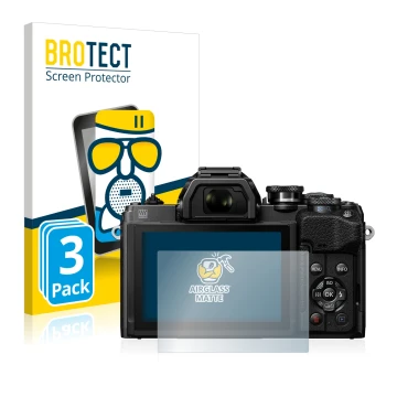 Front side of a product packaging with the brand logo BROTECT. Next to it is the device Olympus OM-D E-M10 Mark IV shown with 