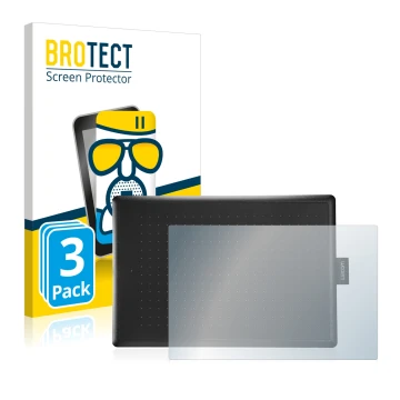 Front side of a product packaging with the brand logo BROTECT. Next to it is the device Wacom One Medium shown with the corres