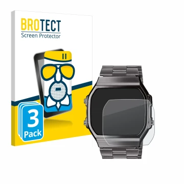 Front side of a product packaging with the brand logo BROTECT. Next to it is the device Casio A168WEGG-1BEF shown with the cor