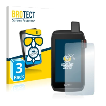 Front side of a product packaging with the brand logo BROTECT. Next to it is the device Garmin Montana 750i shown with the cor