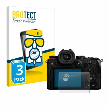 Front side of a product packaging with the brand logo BROTECT. Next to it is the device Panasonic Lumix DC-S5 shown with the c