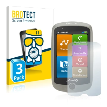 Front side of a product packaging with the brand logo BROTECT. Next to it is the device Mitac Mio Cyclo Discover shown with th