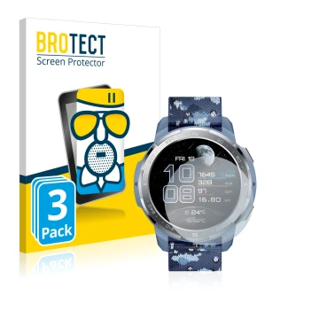 Front side of a product packaging with the brand logo BROTECT. Next to it is the device Honor Watch GS Pro shown with the corr