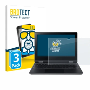 Front side of a product packaging with the brand logo BROTECT. Next to it is the device Acer TravelMate Spin B3 shown with the