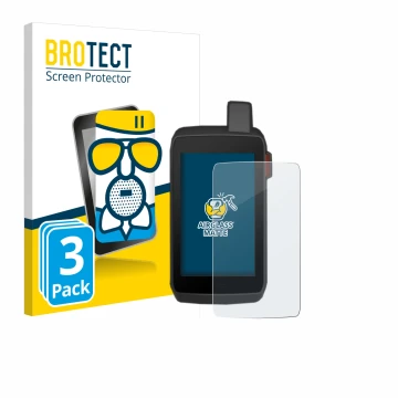 Front side of a product packaging with the brand logo BROTECT. Next to it is the device Garmin Montana 700 shown with the corr