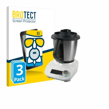 Front side of a product packaging with the brand logo BROTECT. Next to it is the device Vorwerk Thermomix Friend shown with th