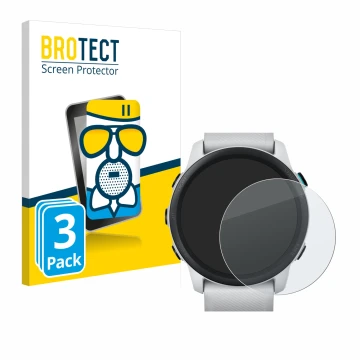 Front side of a product packaging with the brand logo BROTECT. Next to it is the device Garmin Forerunner 745 shown with the c