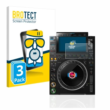 Front side of a product packaging with the brand logo BROTECT. Next to it is the device Pioneer CDJ 3000 shown with the corres