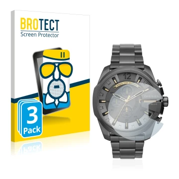 Front side of a product packaging with the brand logo BROTECT. Next to it is the device Diesel Chronograph DZ4466 shown with t