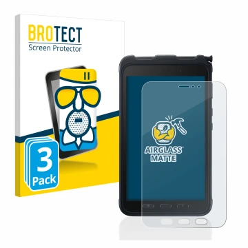 Front side of a product packaging with the brand logo BROTECT. Next to it is the device Samsung Galaxy Tab Active 3 shown with