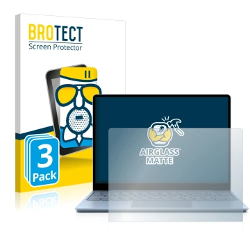 Front side of a product packaging with the brand logo BROTECT. Next to it is the device Microsoft Surface Laptop Go shown with