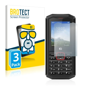 Front side of a product packaging with the brand logo BROTECT. Next to it is the device Crosscall Spider X5 shown with the cor