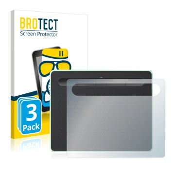 Front side of a product packaging with the brand logo BROTECT. Next to it is the device Wacom Intuos S Bluetooth shown with th