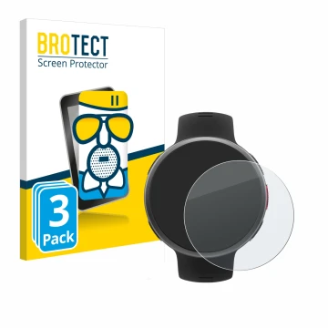 Front side of a product packaging with the brand logo BROTECT. Next to it is the device Polar Vantage V2 shown with the corres