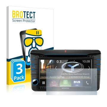 Front side of a product packaging with the brand logo BROTECT. Next to it is the device Kenwood DNX518VDABS shown with the cor