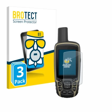 Front side of a product packaging with the brand logo BROTECT. Next to it is the device Garmin GPSMAP 65s shown with the corre