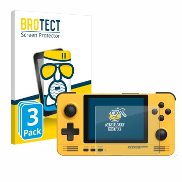 Front side of a product packaging with the brand logo BROTECT. Next to it is the device Retroid Pocket 2 shown with the corres