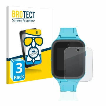 Front side of a product packaging with the brand logo BROTECT. Next to it is the device TCL Movetime FamilyWatch Kids MT40X sh