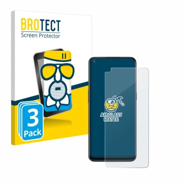 Front side of a product packaging with the brand logo BROTECT. Next to it is the device OnePlus Nord N10 5G shown with the cor