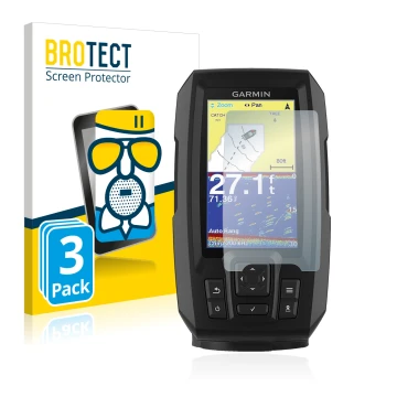Front side of a product packaging with the brand logo BROTECT. Next to it is the device Garmin Striker Vivid 4cv shown with th