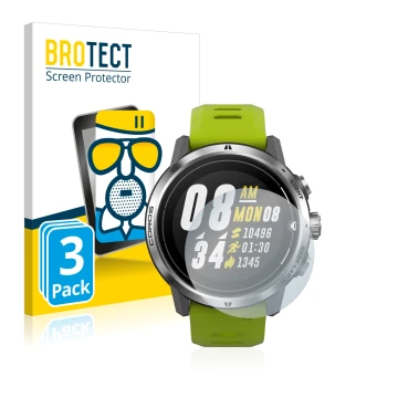 Front side of a product packaging with the brand logo BROTECT. Next to it is the device Coros Apex Pro shown with the correspo