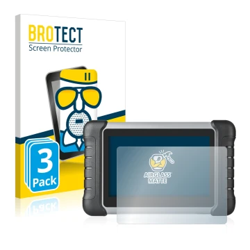 Front side of a product packaging with the brand logo BROTECT. Next to it is the device Autel MaxiCOM MK808 shown with the cor