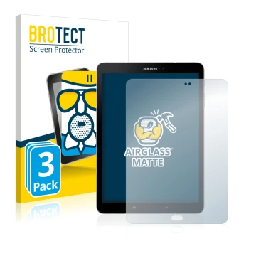Front side of a product packaging with the brand logo BROTECT. Next to it is the device Samsung Galaxy Tab S3 shown with the c