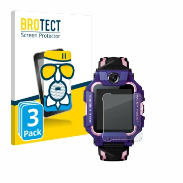 Front side of a product packaging with the brand logo BROTECT. Next to it is the device Imoo Watch Phone Z6 shown with the cor