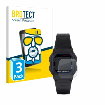 Front side of a product packaging with the brand logo BROTECT. Next to it is the device Casio W-800H-1AVES shown with the corr