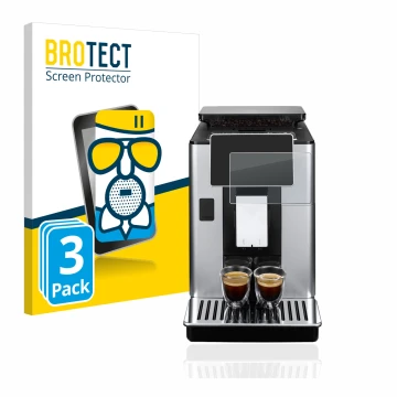 Front side of a product packaging with the brand logo BROTECT. Next to it is the device DeLonghi PrimaDonna Soul ECAM610.75.MB