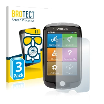 Front side of a product packaging with the brand logo BROTECT. Next to it is the device Mio Cyclo 210 shown with the correspon