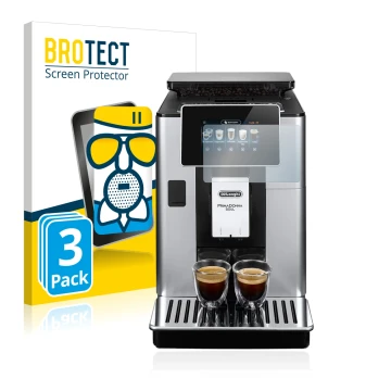 Front side of a product packaging with the brand logo BROTECT. Next to it is the device DeLonghi PrimaDonna Soul ECAM610.55.SB