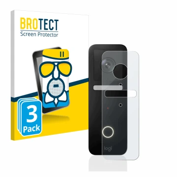 Front side of a product packaging with the brand logo BROTECT. Next to it is the device Logitech Circle View Doorbell shown wi