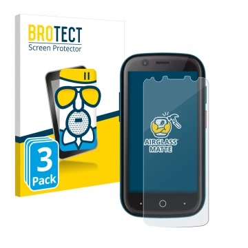 Front side of a product packaging with the brand logo BROTECT. Next to it is the device Unihertz Jelly 2 shown with the corres