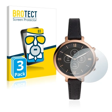 Front side of a product packaging with the brand logo BROTECT. Next to it is the device Fossil Monroe Hybrid HR shown with the