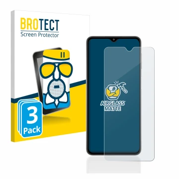Front side of a product packaging with the brand logo BROTECT. Next to it is the device Samsung Galaxy A32 5G shown with the c
