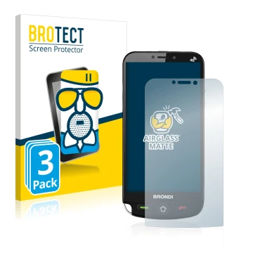 Front side of a product packaging with the brand logo BROTECT. Next to it is the device Brondi Amico Dual Sim shown with the c