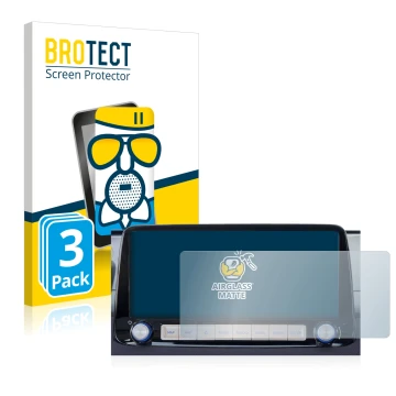 Front side of a product packaging with the brand logo BROTECT. Next to it is the device Hyundai Kona 2020 Infotainment System 