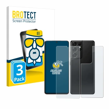 Front side of a product packaging with the brand logo BROTECT. Next to it is the device Samsung Galaxy S21 Ultra 5G (Front+Bac