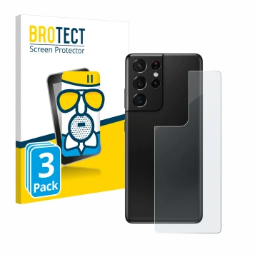 Front side of a product packaging with the brand logo BROTECT. Next to it is the device Samsung Galaxy S21 Ultra 5G (Back) sho