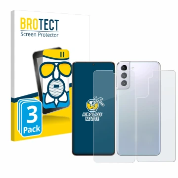 Front side of a product packaging with the brand logo BROTECT. Next to it is the device Samsung Galaxy S21 Plus 5G (Front+Back
