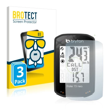 Front side of a product packaging with the brand logo BROTECT. Next to it is the device Bryton Rider 15 neo shown with the cor